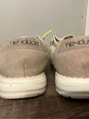 Hey Dude Suede Slip-Ons in Taupe with Neon Yellow Accent